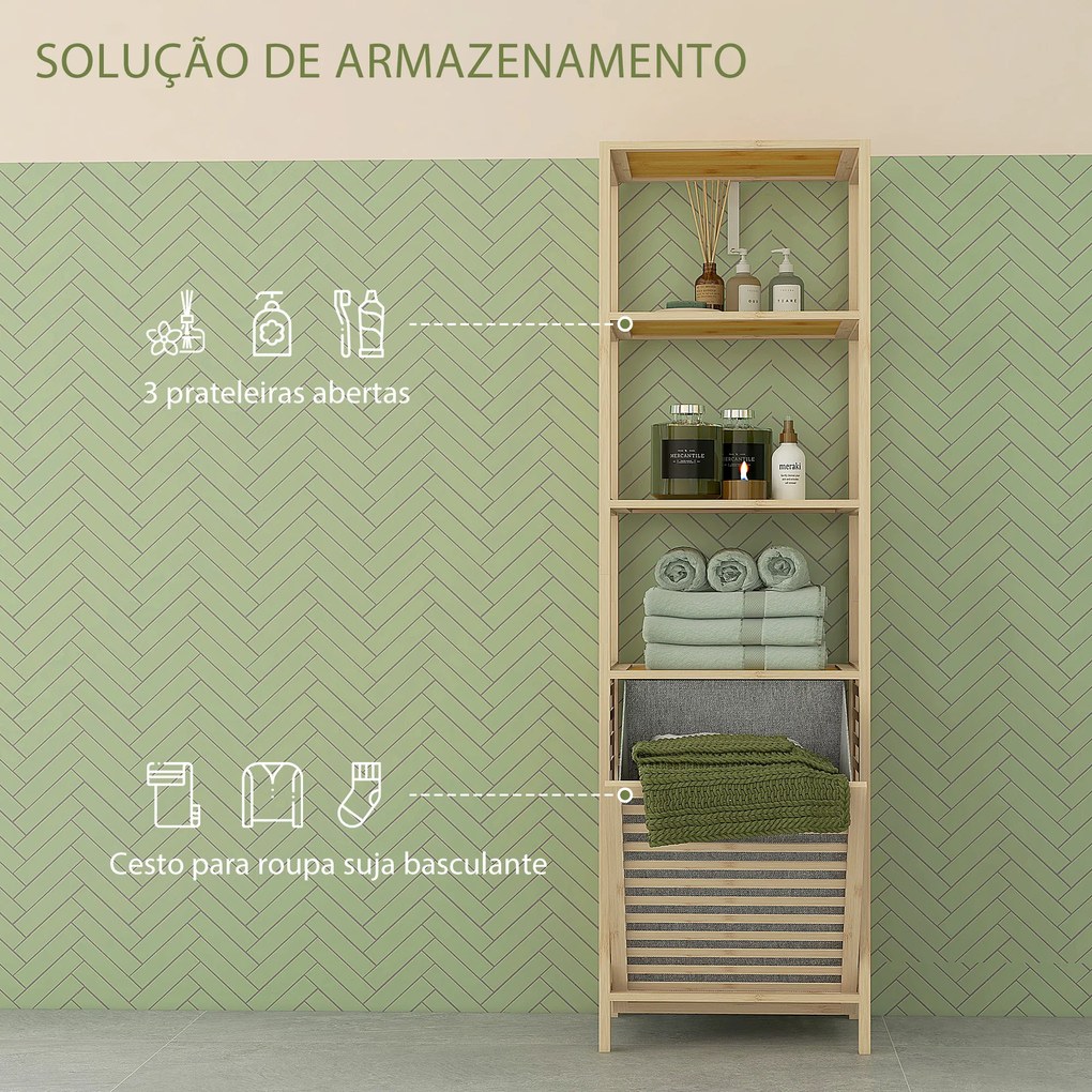 Estante de Casa de Banho em Bambu com 3 Prateleiras e 1 Cesto para Roupa Suja Removível 44x33x160 cm Natural