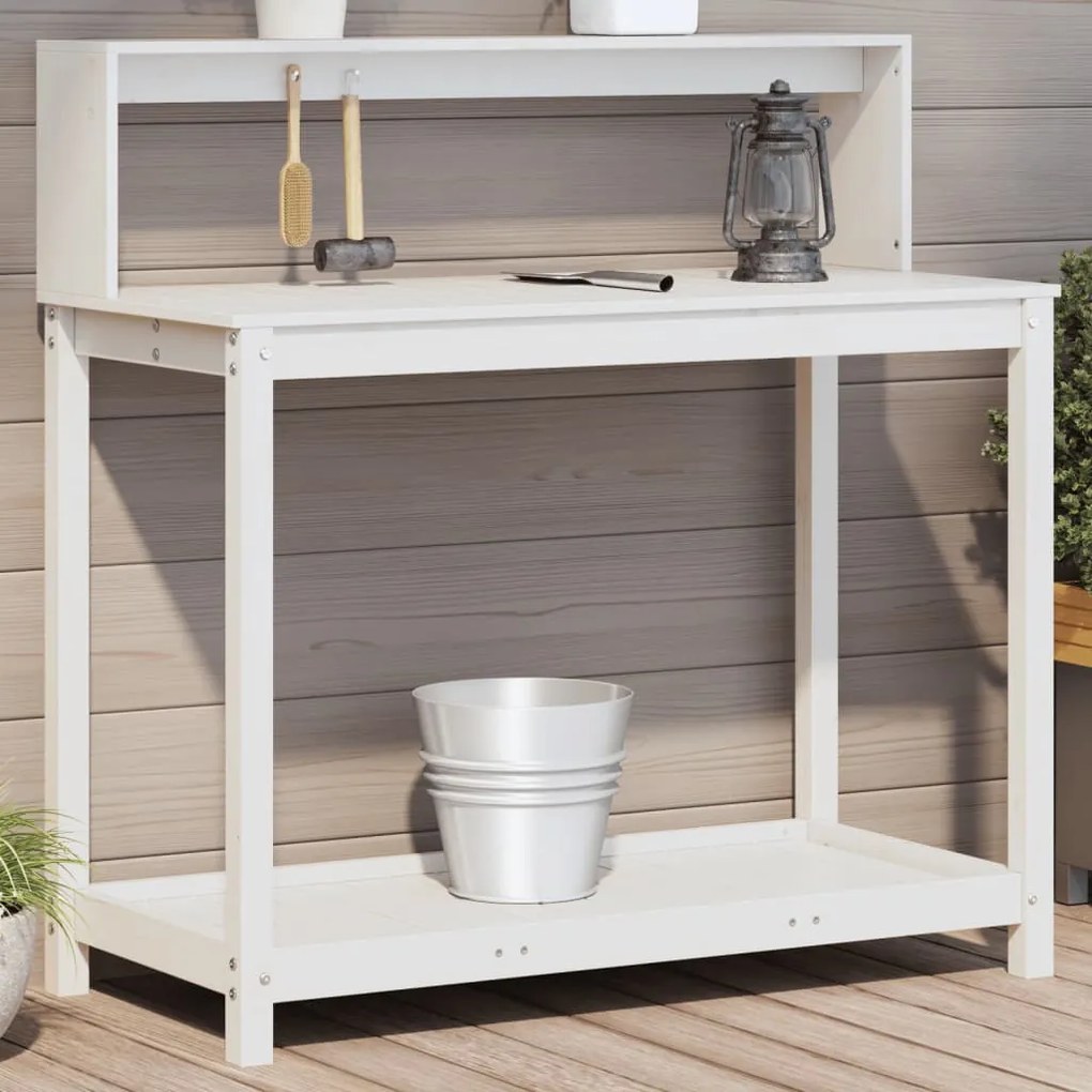 vidaXL Mesa de jardinagem com prateleiras madeira pinho maciça branco