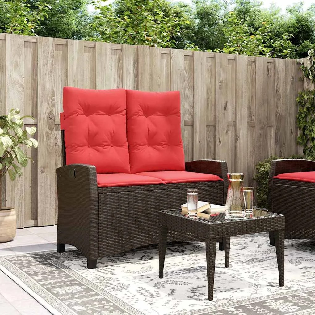 vidaXL Banco de jardim reclinável com almofadões vime PE castanho