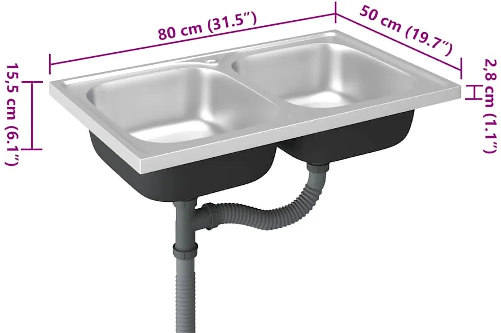 Lava-louça cozinha + cuba dupla 800x500x155mm aço inox prateado