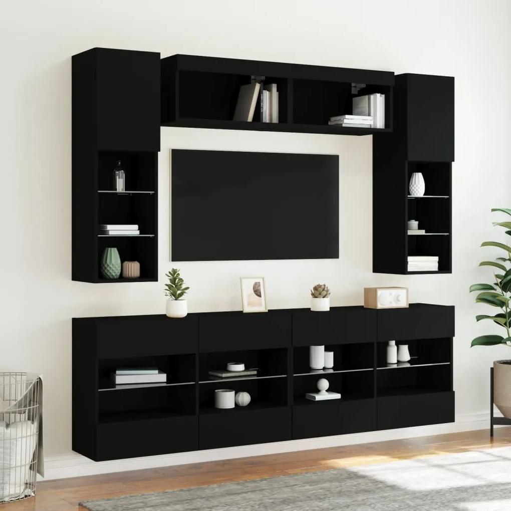 6 pcs conjunto de móveis de parede para TV com luzes LED preto