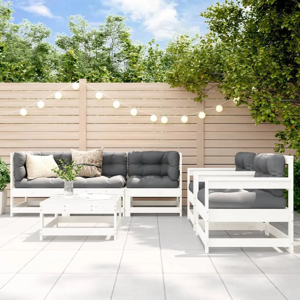 vidaXL 6pcs conjunto lounge jardim c/ almofadões madeira maciça branco