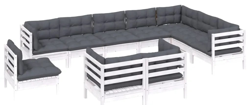 10 pcs conj. lounge de jardim c/ almofadões pinho maciço branco