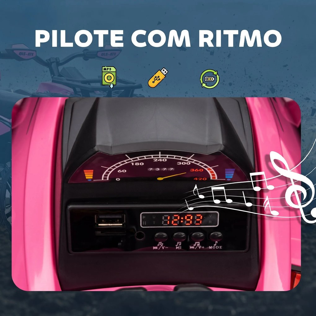 Moto 4 Elétrica Infantil 12V com 2 Motores, 3-8 km/h, Música, Faróis LED e USB, Rosa