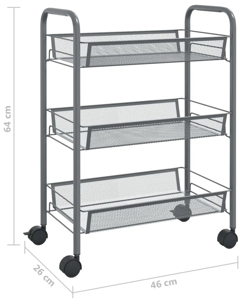 Carrinho de cozinha c/ 3 prateleiras ferro 46x26x64 cm cinzento