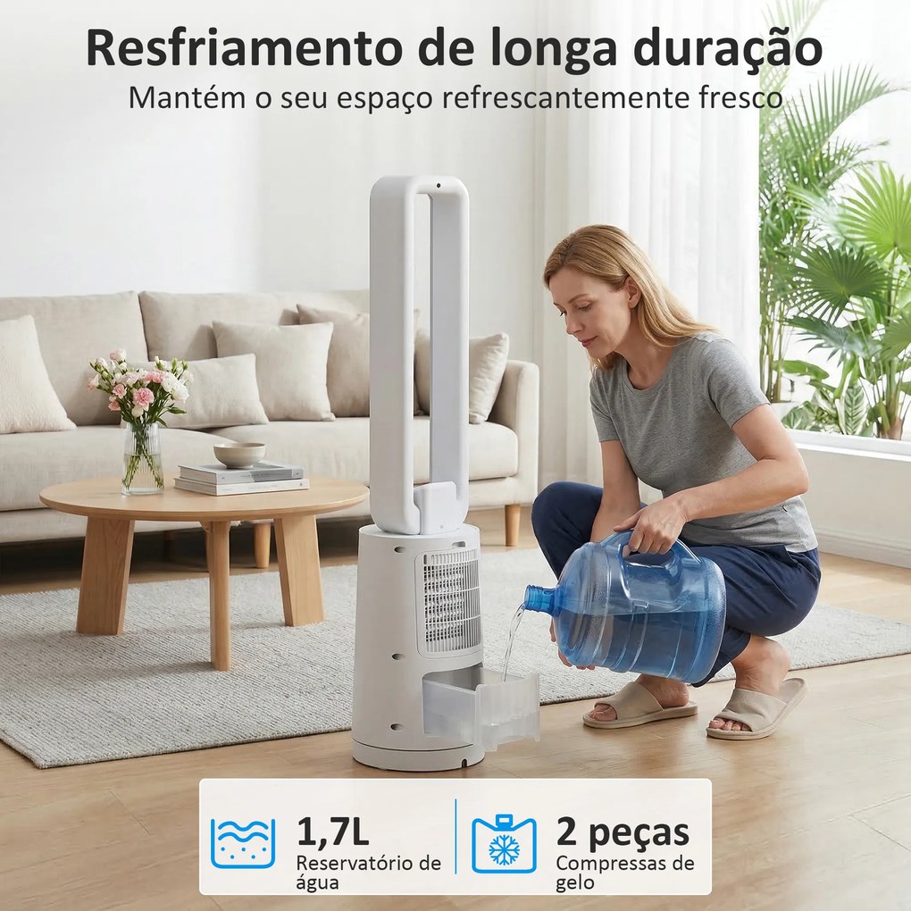 Climatizador 3 em 1 com Depósito de 1,7 L Modos Ajustáveis Temporizador Controlo Remoto 24,7x24,7x109,5 cm Branco