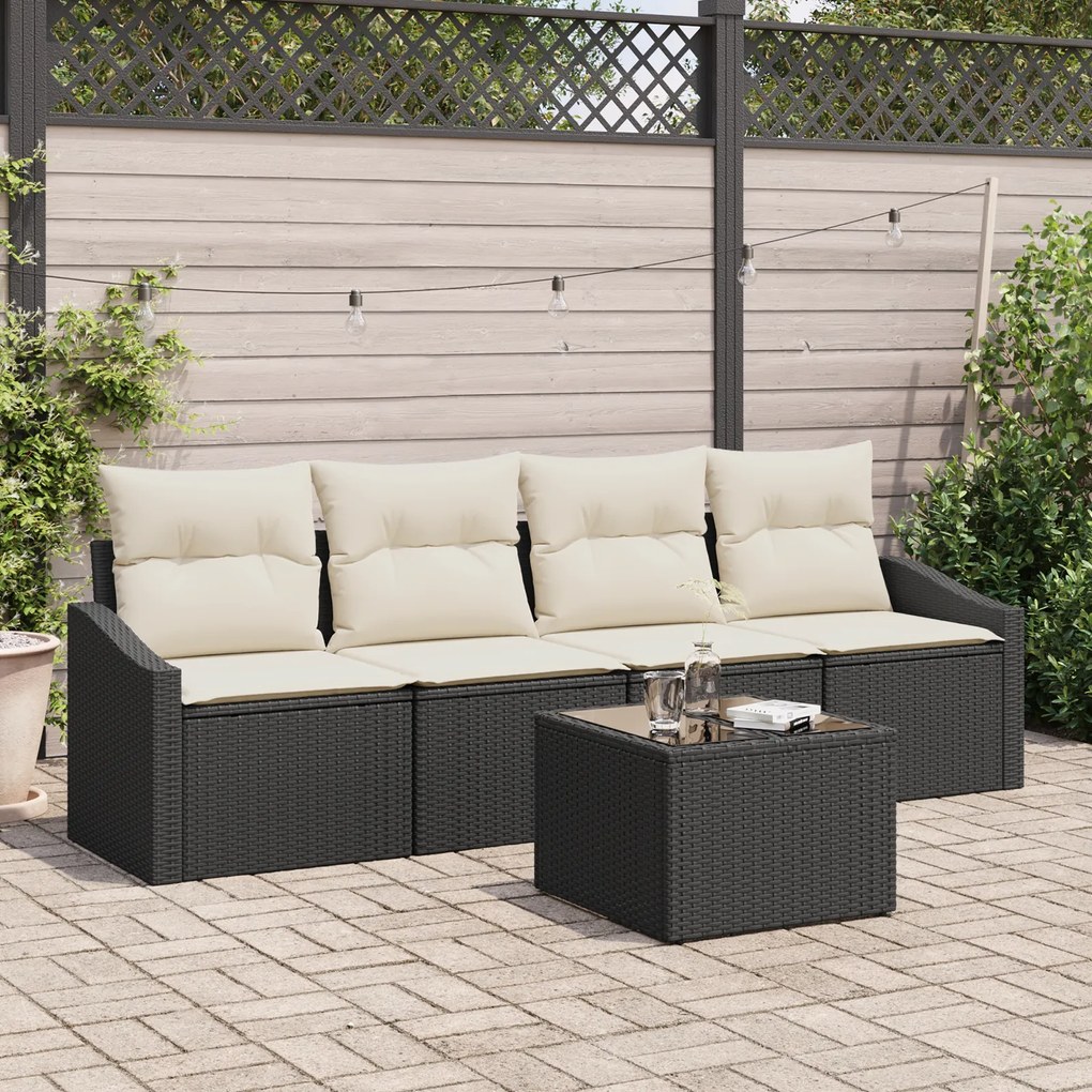 vidaXL Conjunto de Jantar com 5 Peças e Almofadas Preto Vime PE