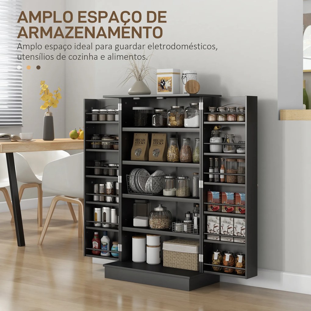 Armário de Cozinha despensaccom 2 Portas e 16 Prateleiras Armário de Cozinha Moderno com Prateleiras Ajustáveis 60x30x104 cm Preto