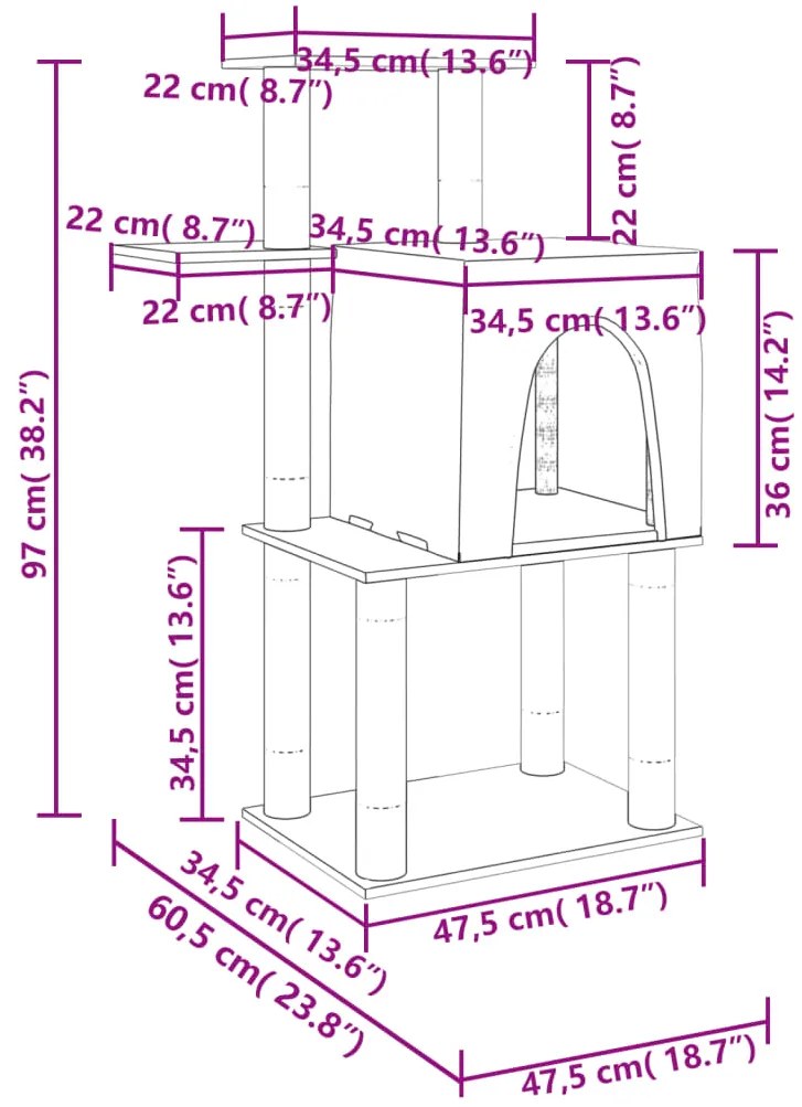 Árvore p/ gatos c/ postes arranhadores sisal 97 cm cinza-claro