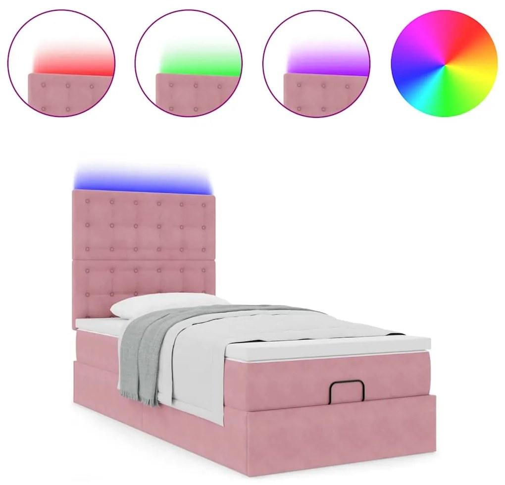 Estrutura de cama otomana com colchões rosa 90x200cm veludo