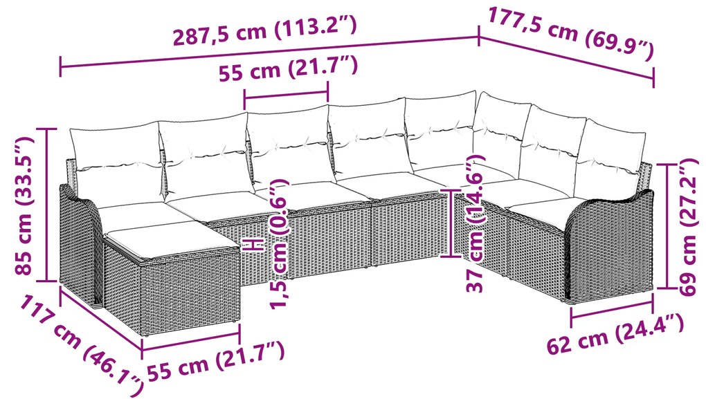 Conjunto de Sofá Jardim vidaXL 8 peças com Almofadas Rattan Poliéster