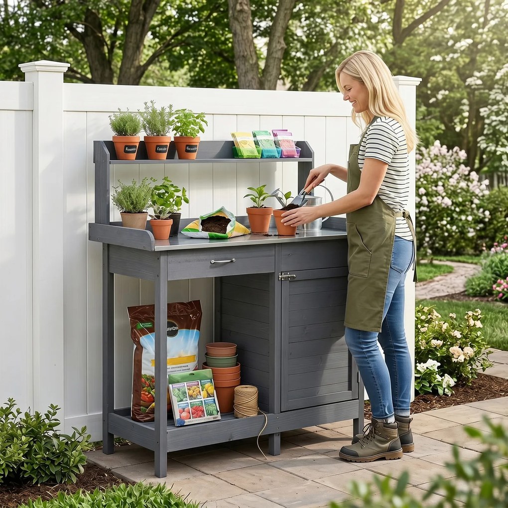 Mesa de Jardinagem, 112 x 46,5 x 125 cm, Tampo em Aço Inoxidável, Cinzento