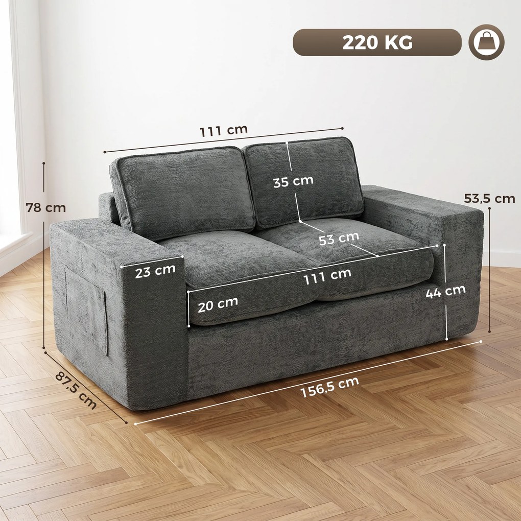 Sofá pequeno de 2 lugares em chenille, sofá de sala de 156,5 x 87,5 x 78 cm, assento e braços largos estofados, 2 almofadas, cinzento