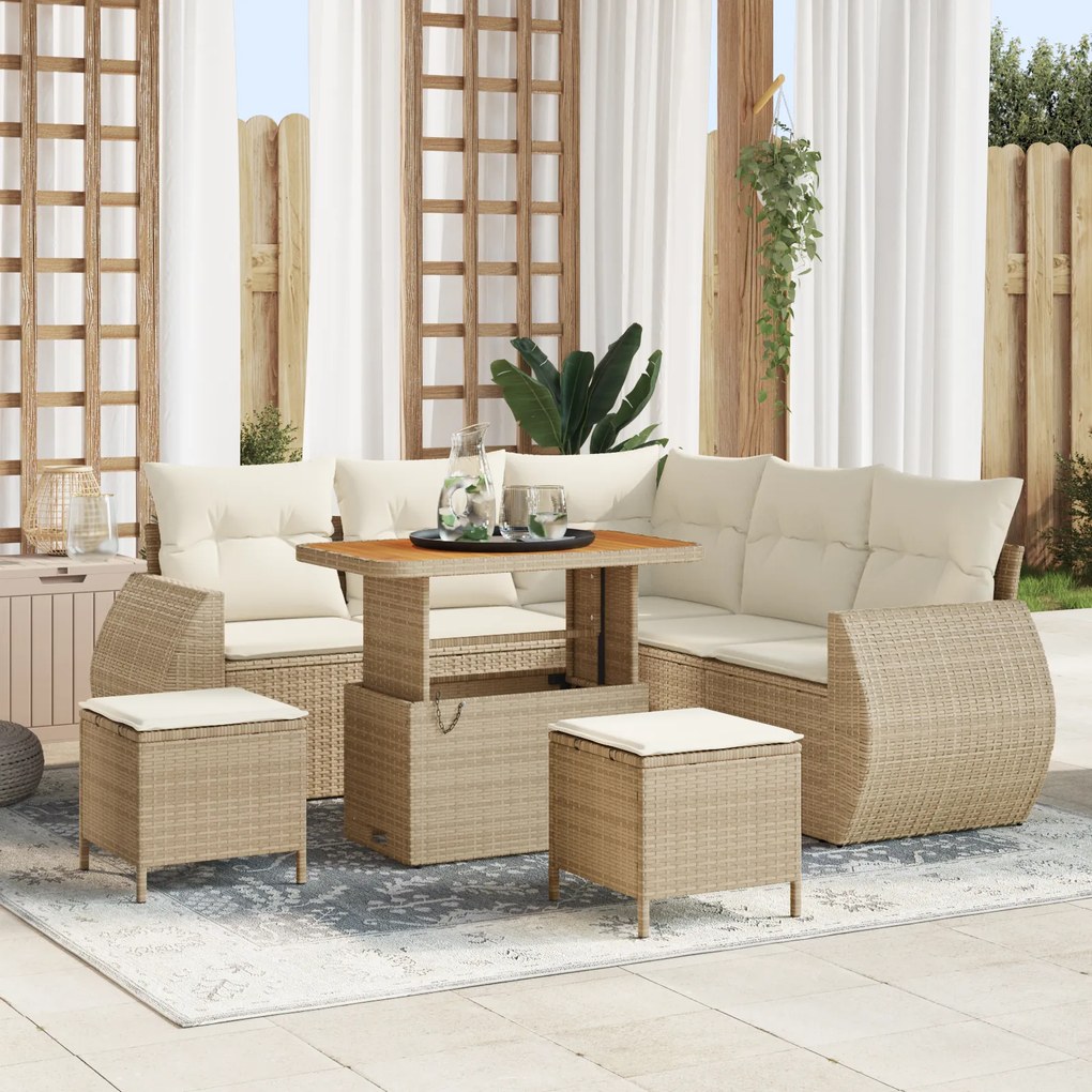 Conjunto de Sofá de Jardim vidaXL de 8 Peças com Almofadas Bege Vime Polirattan Acácia