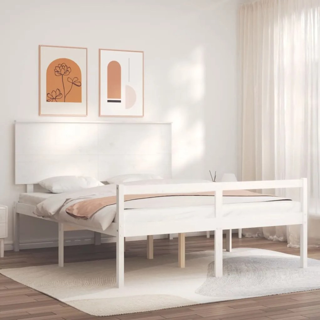 vidaXL Cama para idosos king size com cabeceira madeira maciça branco