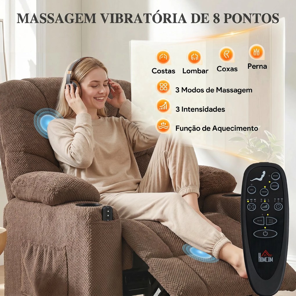 Poltrona Relax Reclinável Elétrico com Calor Lombar Massagem Vibratória Motor Silencioso Função Memória Bolsos e USB Castanho