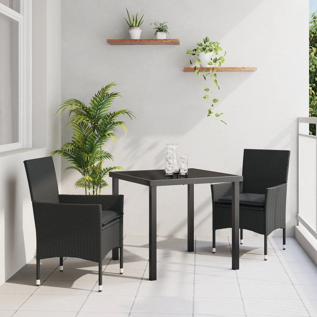 Conjunto de Jantar Jardim vidaXL 3 Peças com Almofadas Rattan Sintético Preto