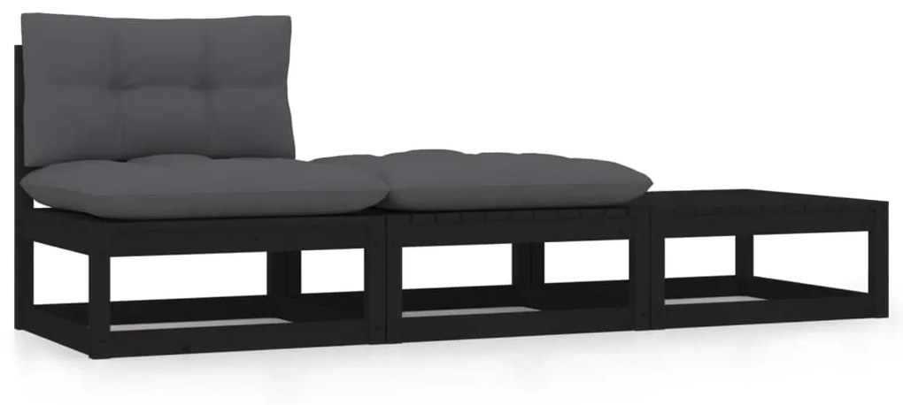 vidaXL 3pcs conjunto lounge de jardim c/ almofadões pinho maciço preto