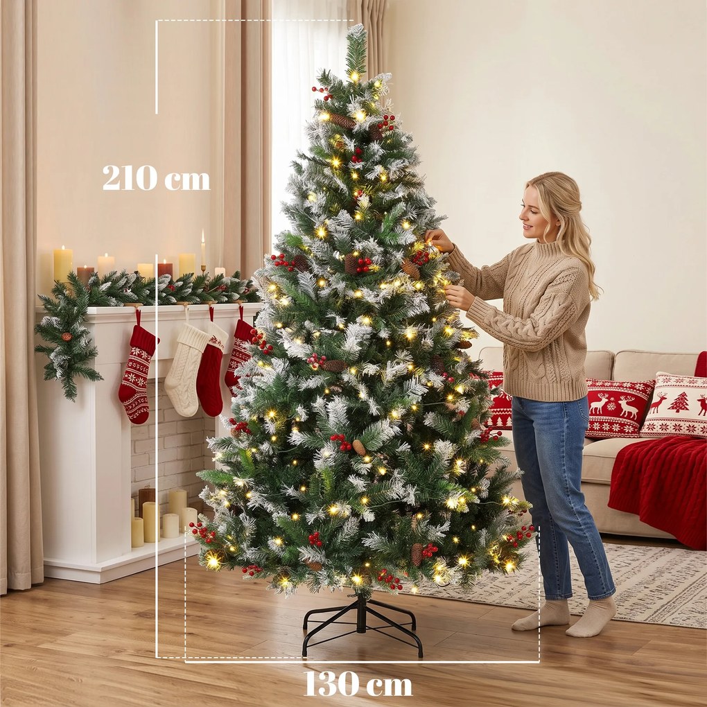 Árvore de Natal Nevada 210 cm com 400 LED 11 Modos Comando à Distância 1253 Pontas 44 Pinhas e 44 Bagas
