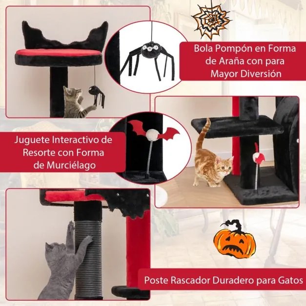 Arranhador gótica para gatos 134 cm com cama pompom e bolas de mola Centro de atividades de 6 níveis Vermelho e preto