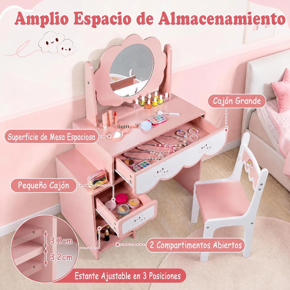Conjunto de Toucador Infantil e Cadeira, 80 x 40 x 112 cm, Amplo Espaço de Arrumação, Cor-de-rosa
