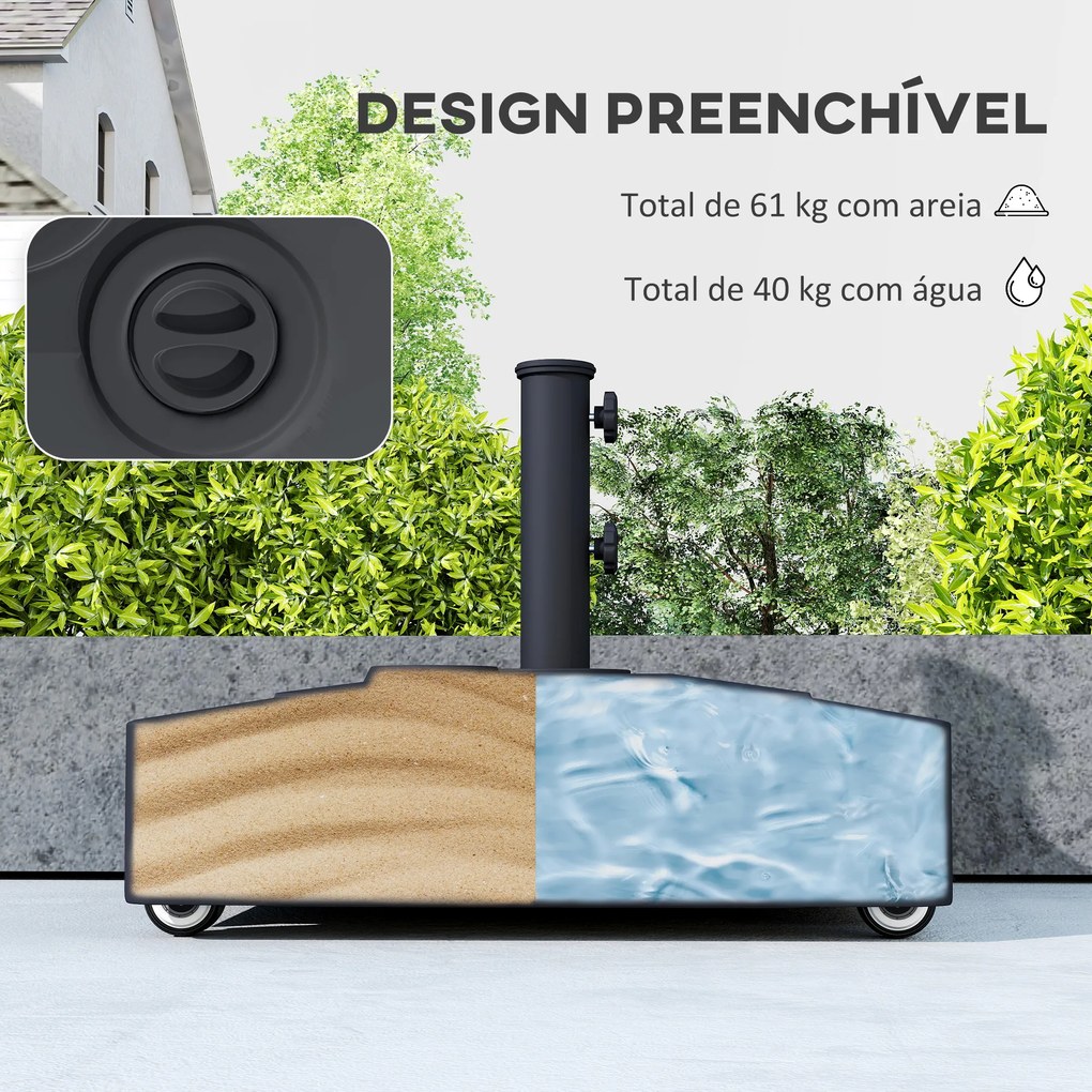 Base para Chapéu de Sol Quadrada com Rodas para Postes Ø35/38/48 mm, Recarregável com Areia 61 kg ou Água 40 kg Preto