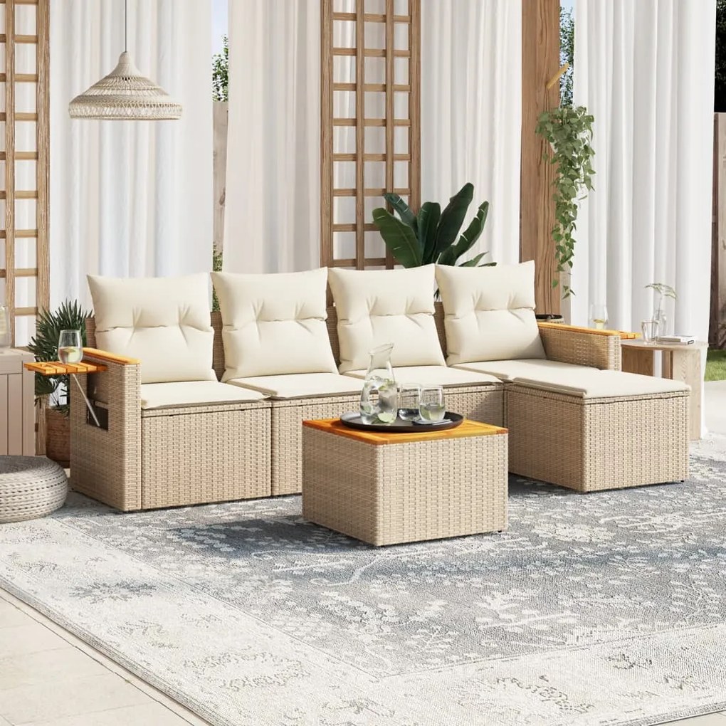 6 pcs conjunto de sofás p/ jardim com almofadões vime PE bege