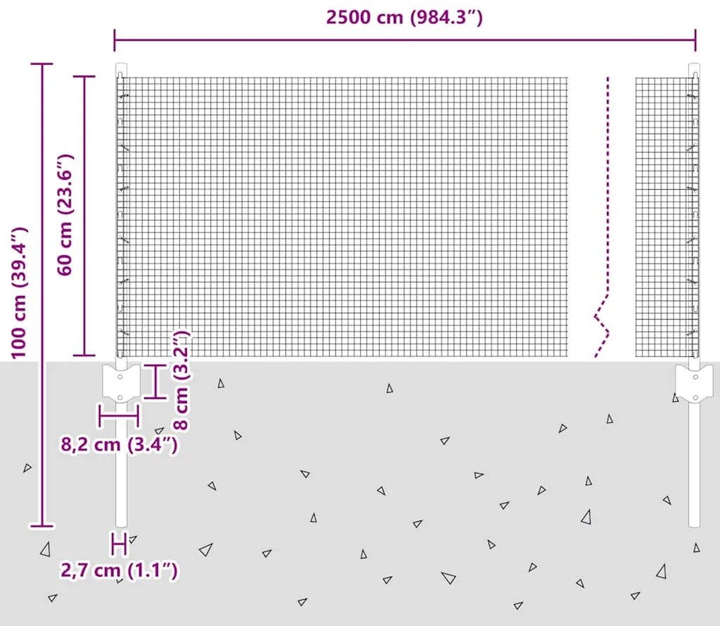 Cerca de Arame Soldado com 11 Postes U Prata 0.6x25 m Aço
