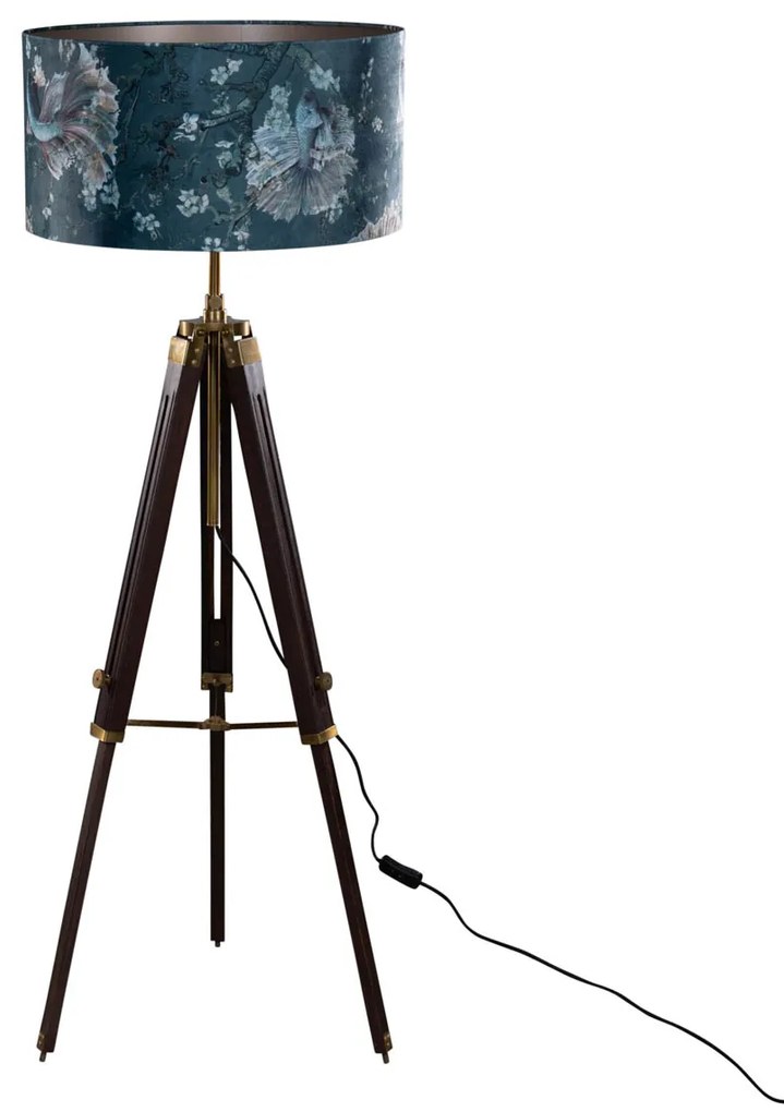 Candeeiro de Pé Tripod em Latão com Abajur em Veludo, Design de Peixe, 50cm - Cortin Clássico / Antigo,Rústico