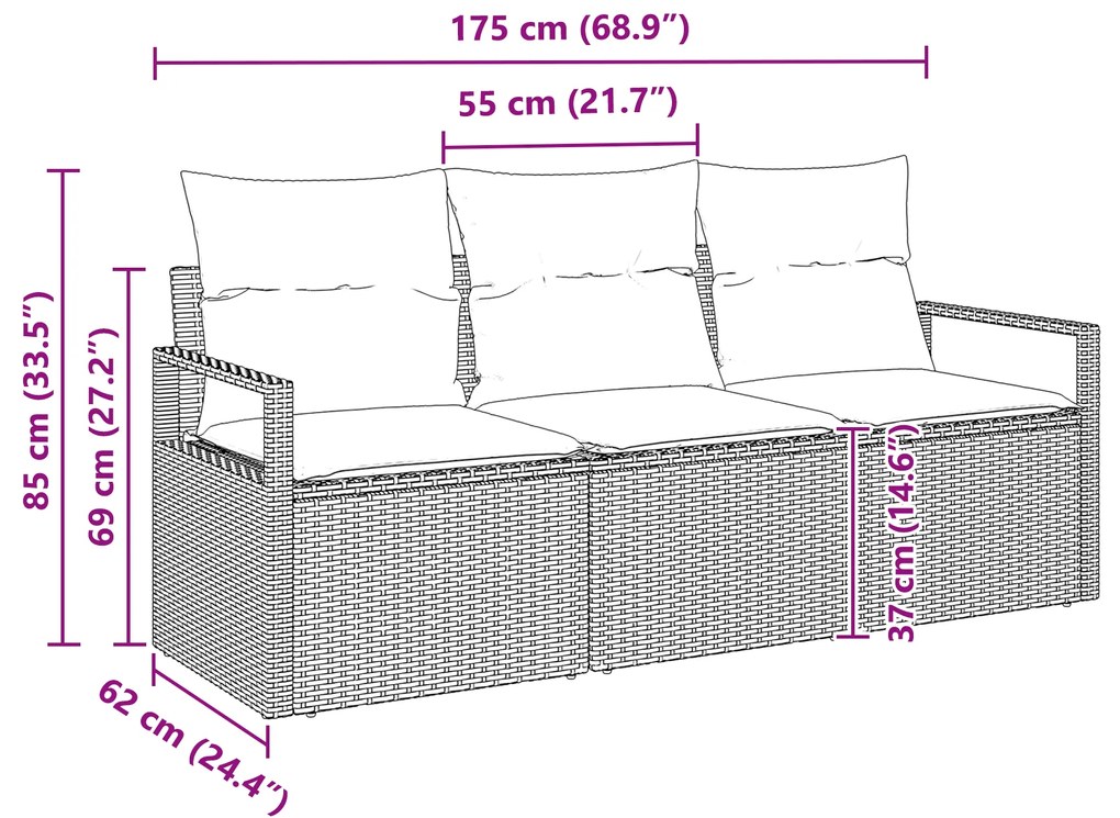 Conjunto de Sofá de Jardim de 3 Peças com Almofadas Cinzento Vime PE