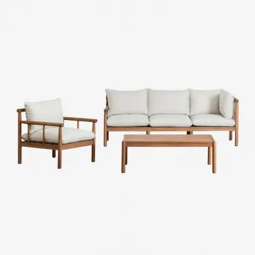 Conjunto De Sala Com Sofá De 3 Lugares, Poltrona E Mesa De Centro Em Madeira De Acácia Melvin Castanho Acácia - Sklum