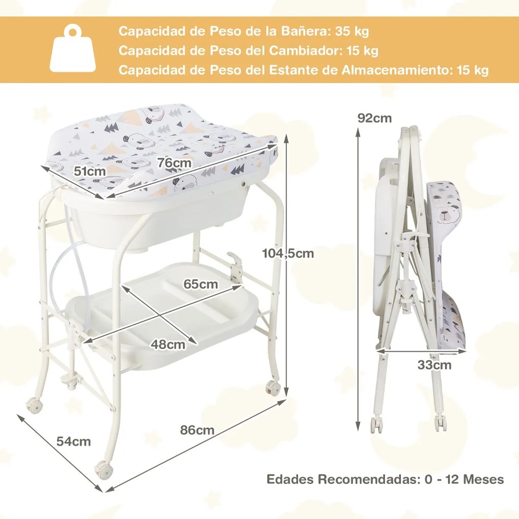 Troca-fraldas com banheira, portátil e dobrável, almofada em PVC, bandeja de armazenamento com 4 rodas universais, branco