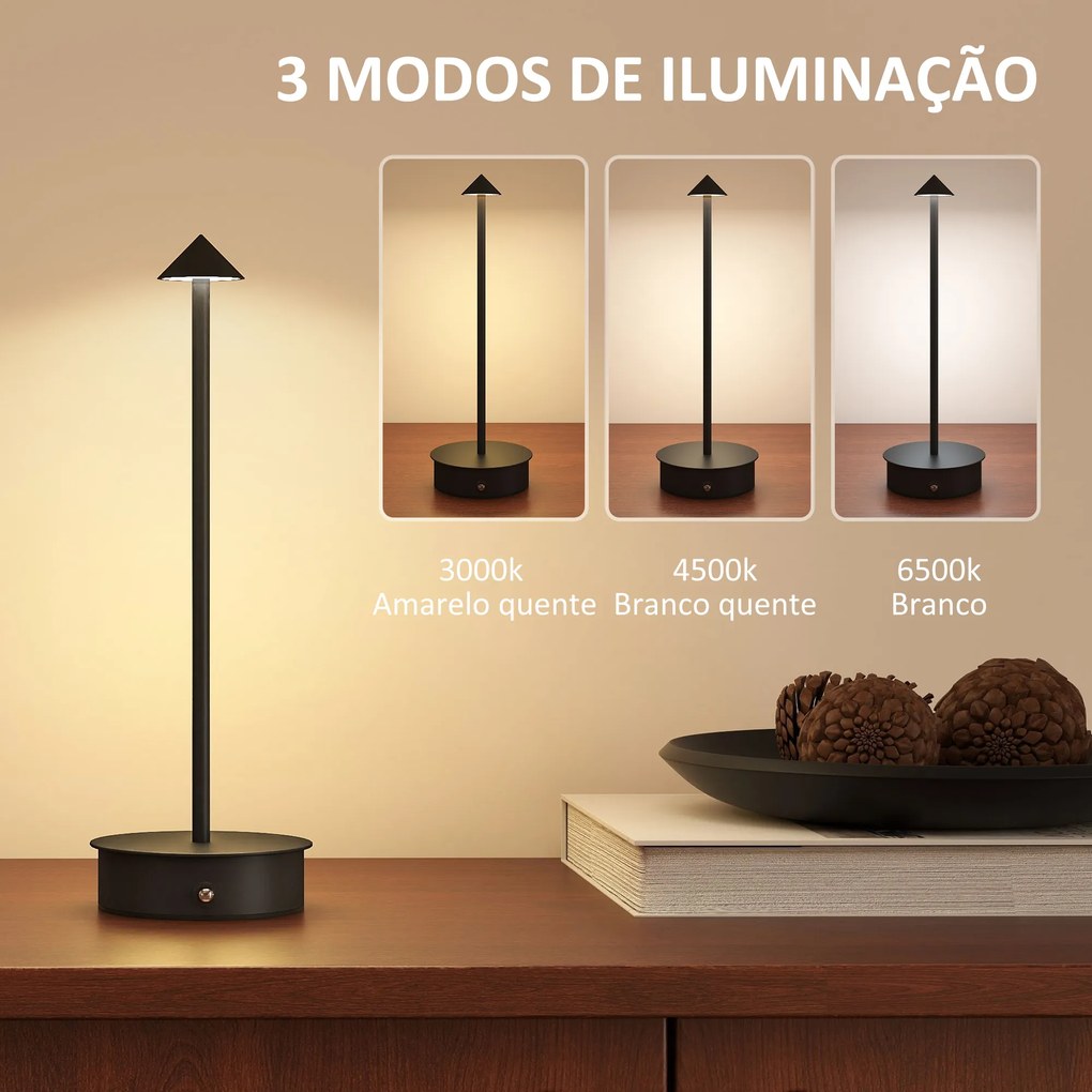 Conjunto de 2 Candeeiros de Mesa Recarregáveis por USB Reguláveis com Controlo Táctil 3000K/4500K/6500K Ø10x30 cm Preto
