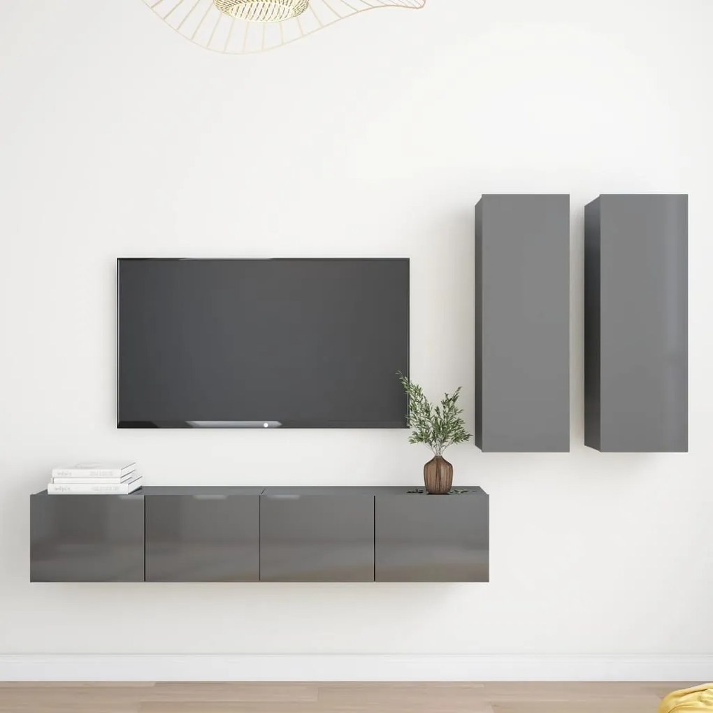 vidaXL 4 pcs conjunto de móveis de TV contraplacado cinzento brilhante