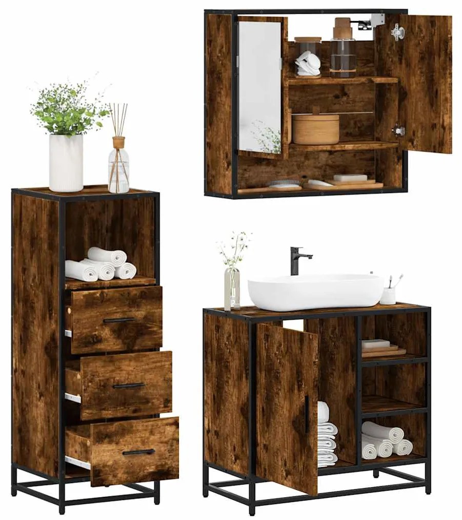 vidaXL 3 pcs conjunto de móveis WC madeira processada carvalho fumado