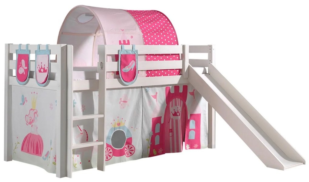 Conjunto Cama alta de Criança PINO 90 x 200 cm + estrado + escada + escorrega + cortina + 3 bolsas + túnel Princesa branca