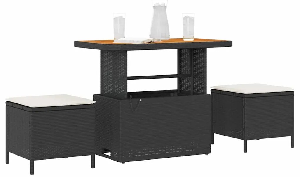 Conjunto de Jantar de Jardim com 3 Peças e Almofadas Preto Vime Rattan
