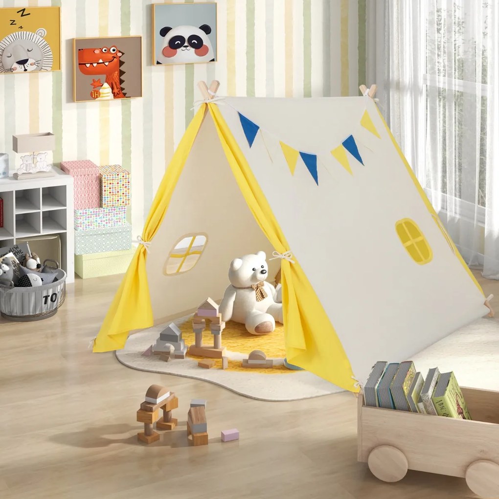 Tenda de brincar infantil com estrutura de madeira, tenda de lona de algodão para teatro infantil interno e externo Bege + Amarelo