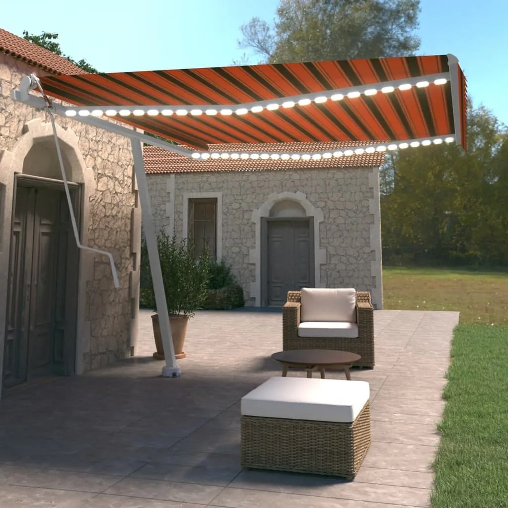 vidaXL Toldo autom. LED e sensor de vento 400x350 cm laranja/castanho
