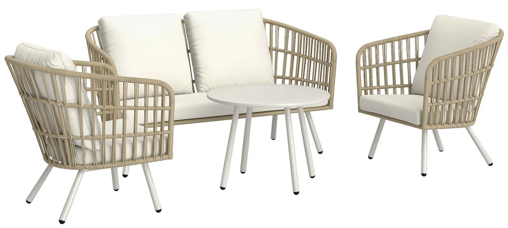 Outsunny Conjunto Jardim Vime Sintético 4 Peças Sofá 2 Lugares Poltronas Mesa Centro Design Moderno Creme Madeira | Aosom Portugal