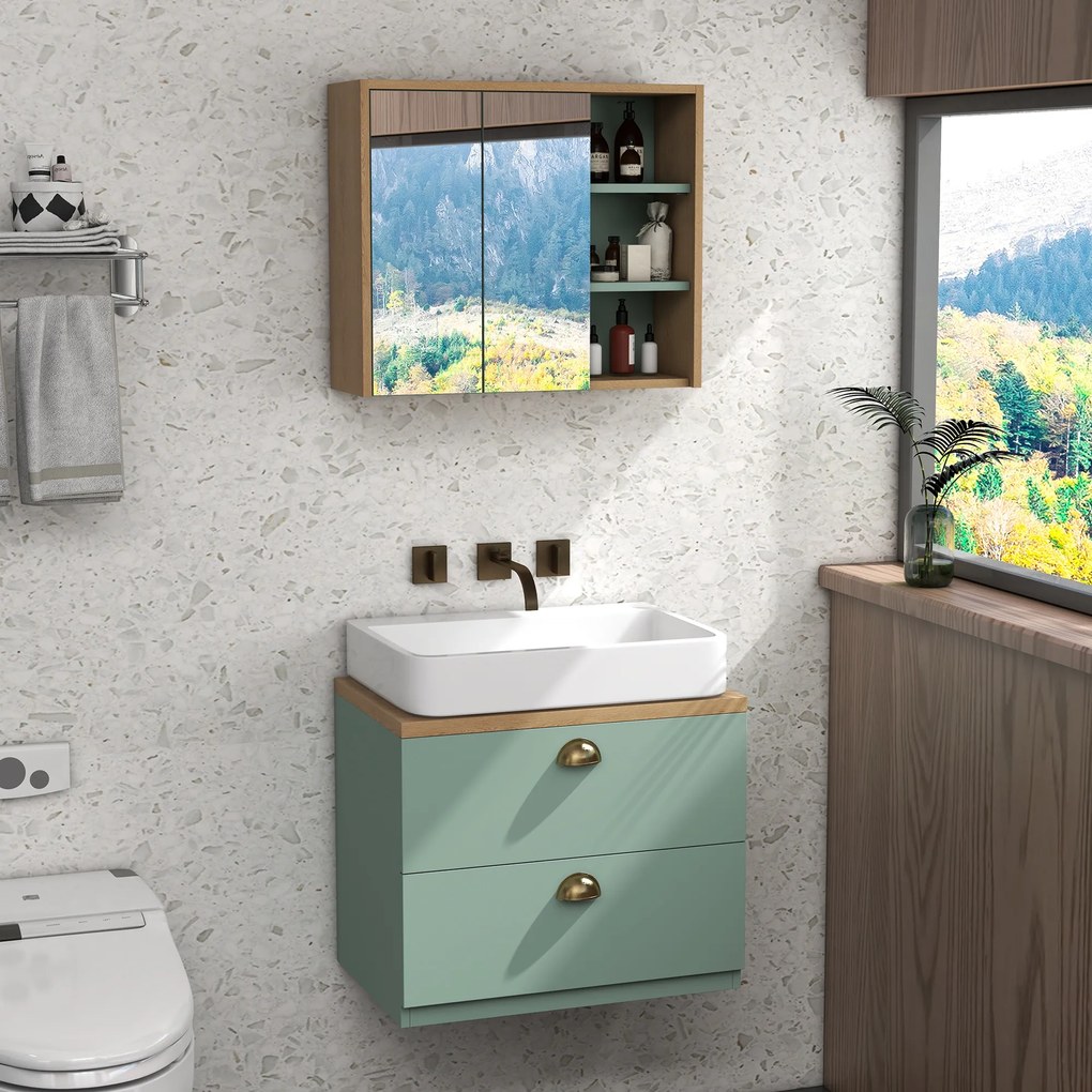 Conjunto de 2 móveis de casa de banho com prateleiras ajustáveis e 2 gavetas (LAVATORIO NÃO INCLUIDO), design escandinavo, verde