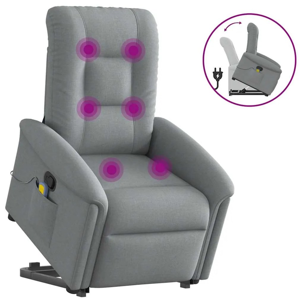 vidaXL Poltrona reclinável massagens tecido cinzento-claro