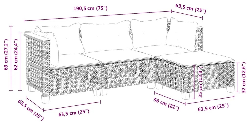 4 pcs conjunto de sofás para jardim c/ almofadões vime PE bege