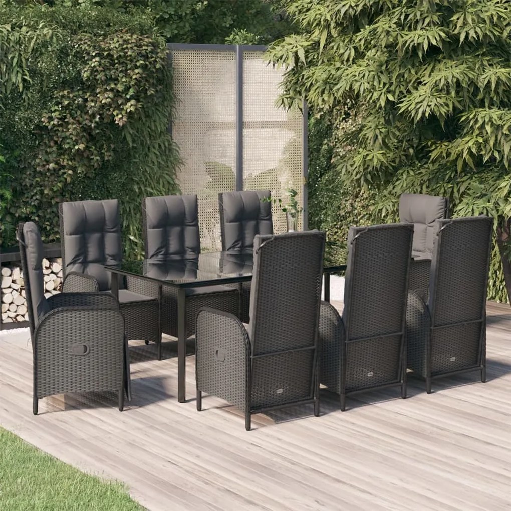 vidaXL 9 pcs conjunto de jantar p/ jardim c/ almofadões vime PE preto