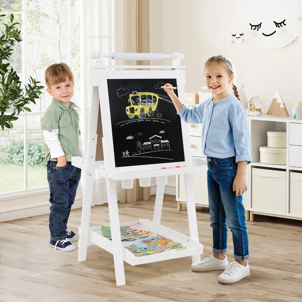 Cavalete de arte dobrável de dupla face 3 em 1 para crianças + 3 anos com quadro negro e rolo de papel substituível 3 copos bandejas Branco