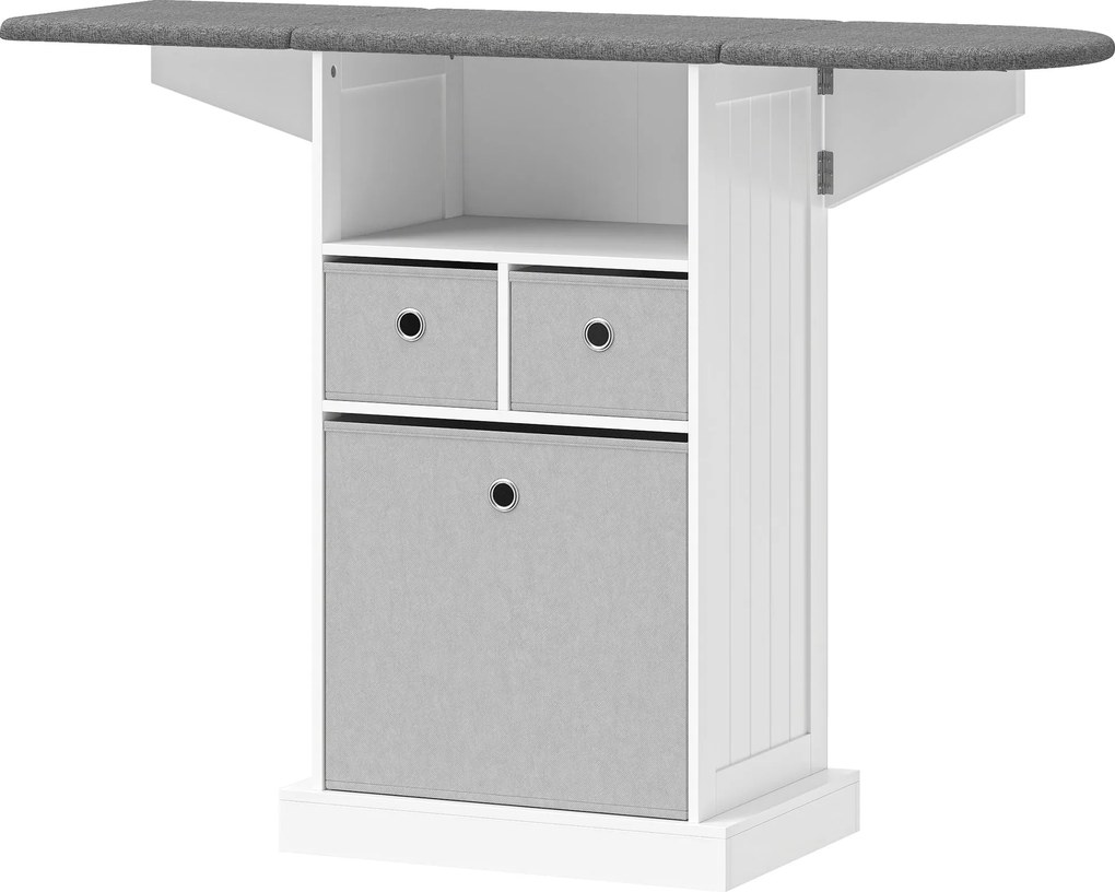 HOMCOM Móvel para Engomar Roupa com Rodas Tábua de Engomar Dobrável com 3 Gavetas Compartimento Aberto 121x37x89,5 cm Branco | Aosom Portugal