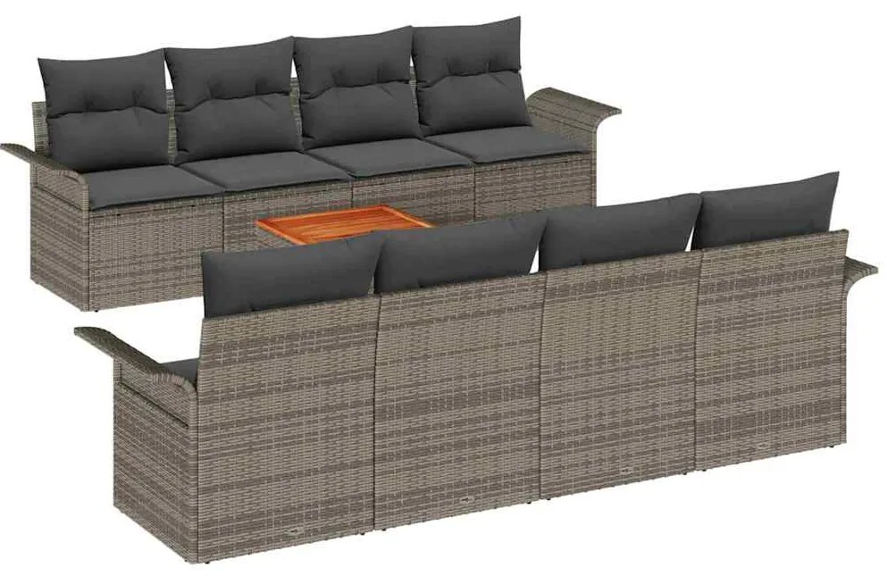 Conjunto de Sofá de Jardim com 9 peças e almofadas cinzas, em Rattan S
