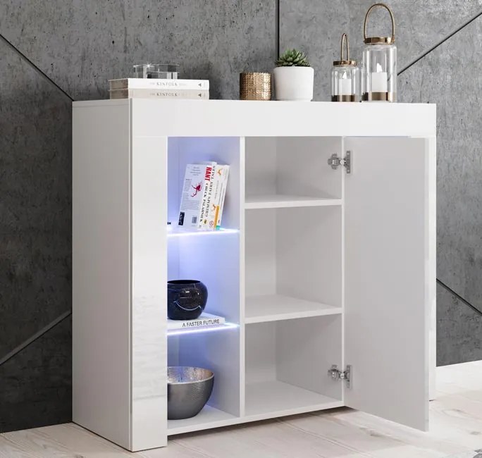 Aparador "Lucrecia" com Luz LED - 94x83x35 cm - Branco Brilhante - Des