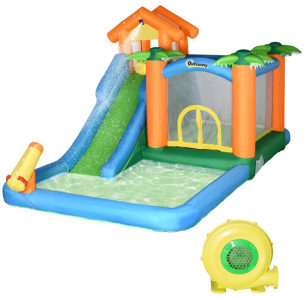 Outsunny Castelo Insuflável com Escorrega Trampolim Piscinas e Pistola de Água para Crianças acima de 3 Anos com Inflador e Bolsa de Transporte para Interior Exterior 550x285x260cm Multicor