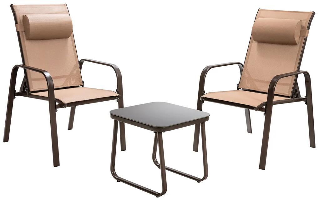 Conjunto de 3 Móveis de Jardim Mesa de Café em Vidro Temperado para Exterior e 2 Cadeiras de Empilhamento com Tecido Respirável para Varanda de Pátio